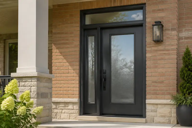 Charcoal fiberglass entrance door with sidelite and transom on a Hamilton home