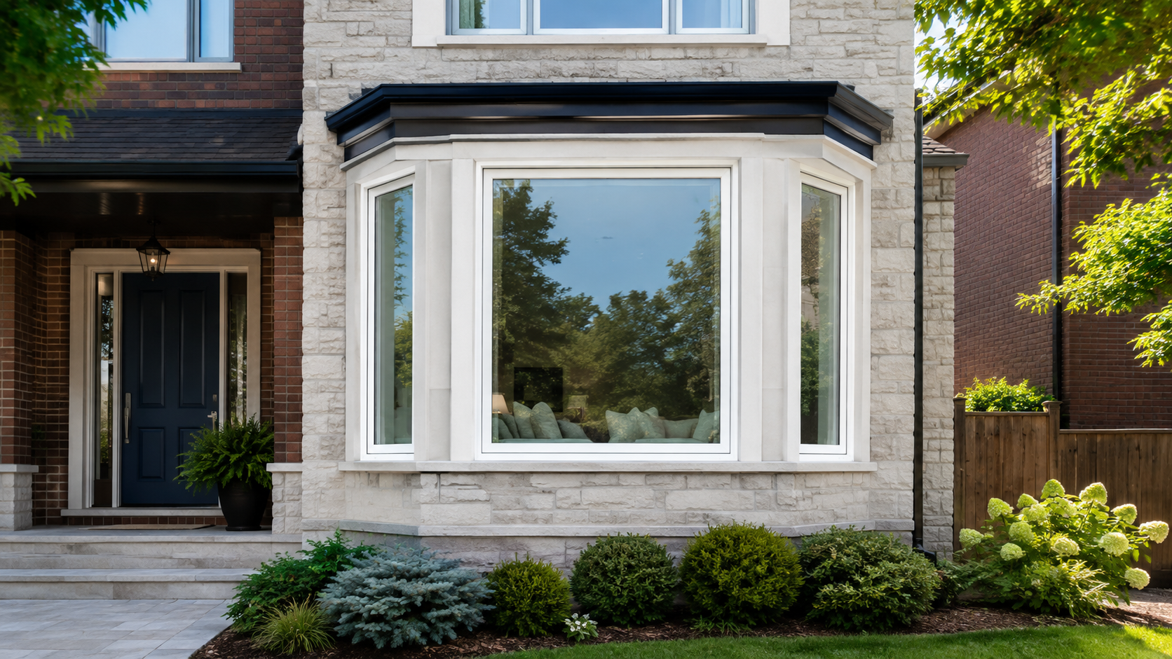 Modern three-section bay window installed on a GTA-style brick and stone home