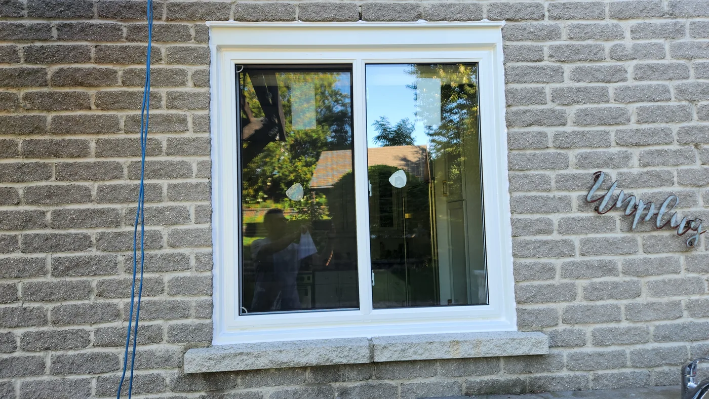 Paired white vinyl window with white exterior trim in a Hamilton brick wall.