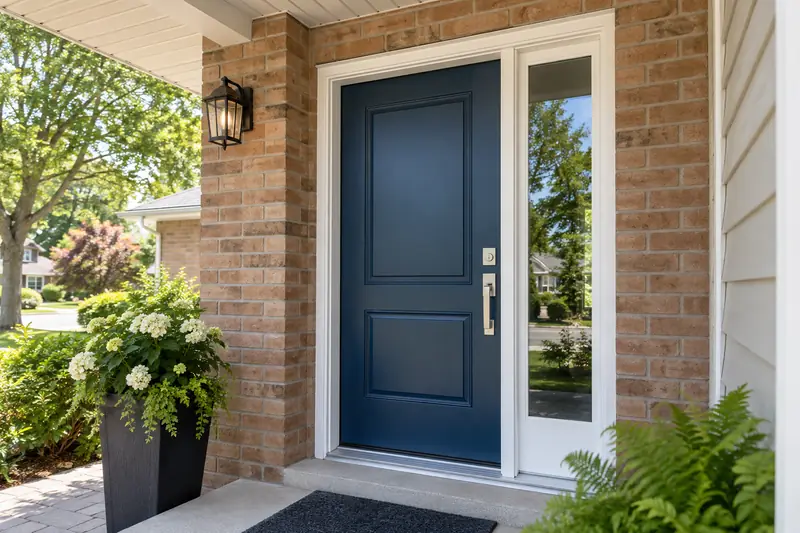 Deep-blue steel entrance door with sidelite installed for a Waterloo home