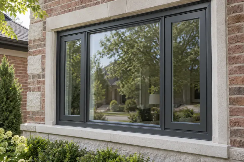 Charcoal casement and fixed window group fitted into Woodbridge brick and stone