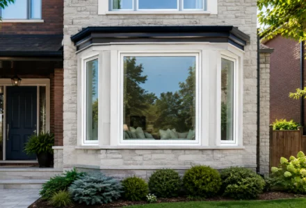 Three-section white bay window on a brick and stone home